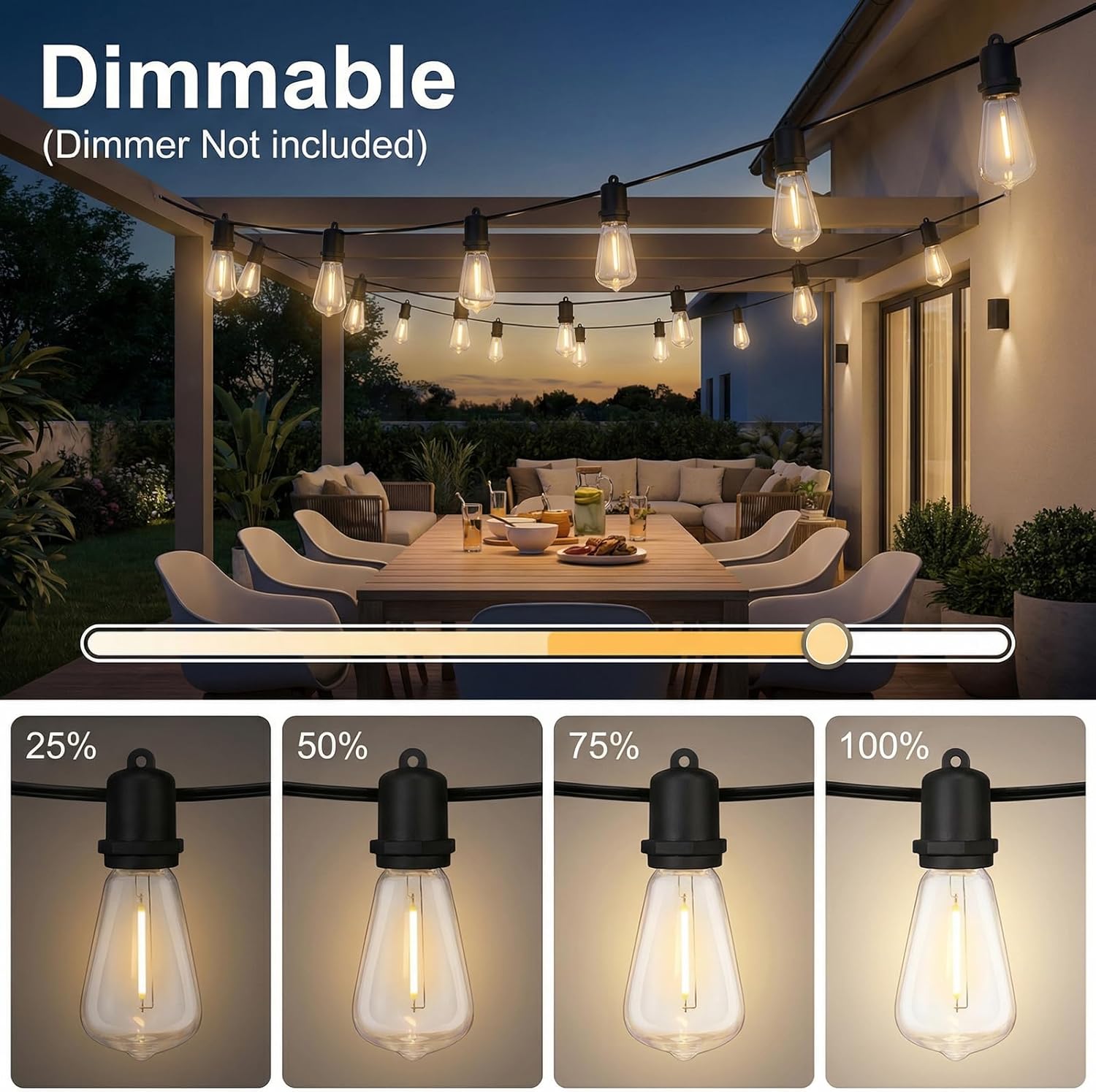 100FT LED Outdoor String Lights - 52 Shatterproof ST38 Edison Bulbs - Waterproof Patio Decor for Outside - Dimmable Bistro Cafe Hanging Lights