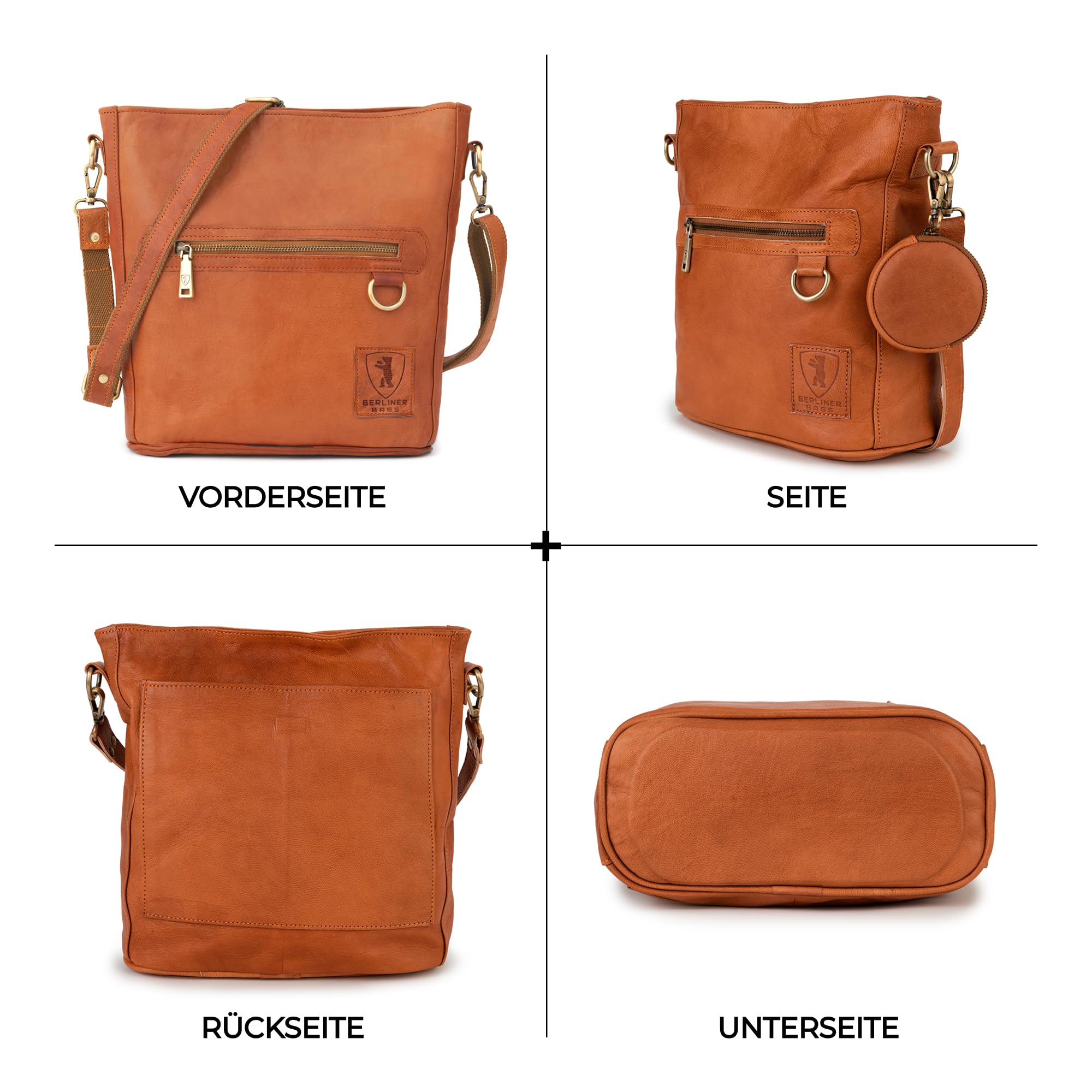 Berliner Bags Vintage Leder Schultertasche Siena & Geldbörse Lyon Set Damen – Mittelgroße Umhängetasche & Große Geldbörse mit RFID-Schutz, Geschenkset – Braun