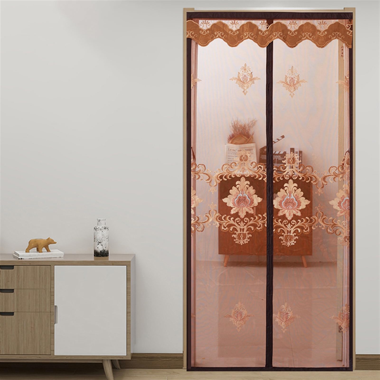 Moustiquaire de porte aimantée 150x220 rideau maille anti-insectes amovible brun pour été