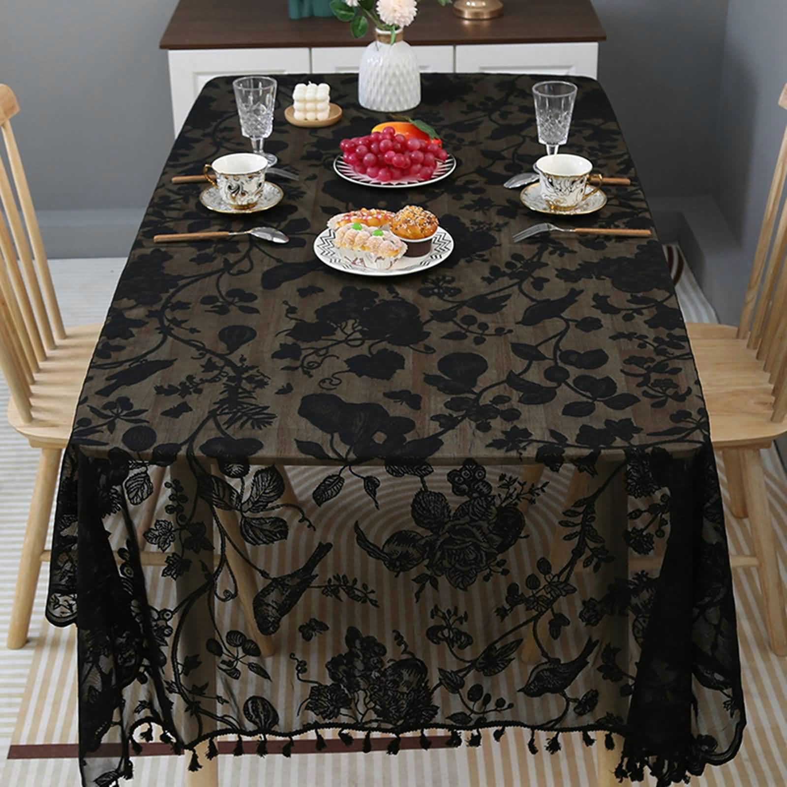 Tovaglia Rettangolare 140 x 180cm, Tovaglie Quadrate Antimacchia Nero Pizzo Fiore e Uccello Ricamo Tovaglia
