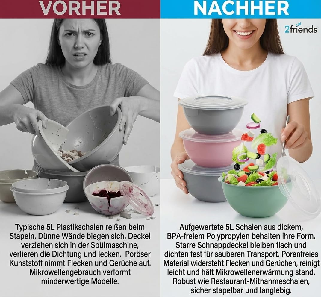 2friends Salatschüssel mit Deckel 3er Set Rührschüssel 5L, lebensmittelechter BPA-freier Kunststoff, Größe Schüssel mit Deckel Made in EU; Ø28cm Durchmesser,