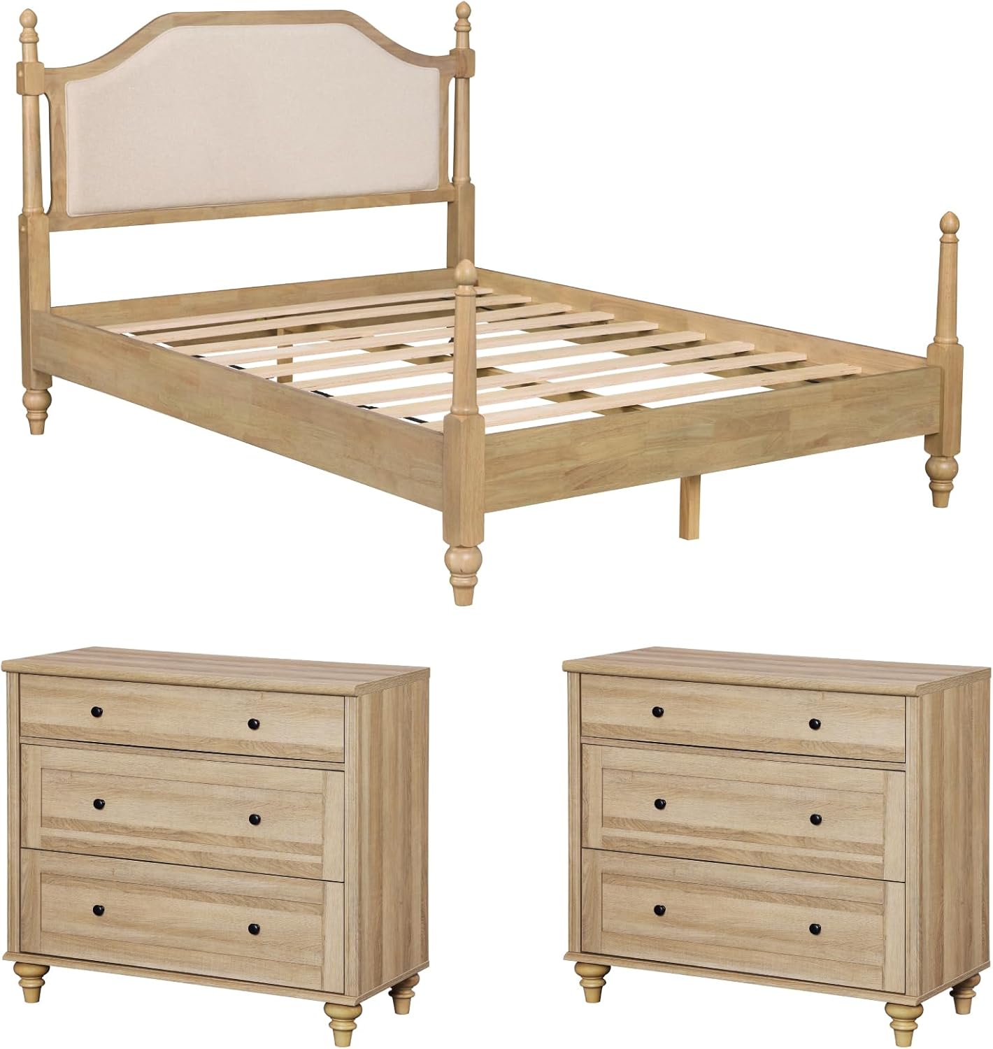WAMPAT 3 Pieces Bedroom Set, Queen Size Wood Platform Bed Frame and 2 Nightstands, Large Bed Frame with Upholstered Headboard for Bedroom, Storage Nightstand with Wood Drawers for Baby Room, Oak