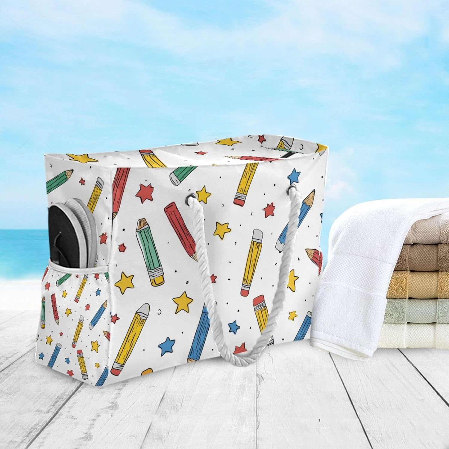 OTVEE Hand-drawn Colorful Pencils Pattern Beach Bags for Women Ladies Large Canvas Tote Shoulder Bag Waterproof Travel Bags for Gym Swim Pool Camping