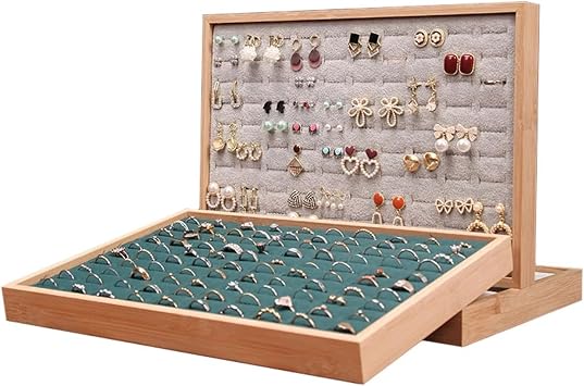 Trinket dish 100 Grids Rings Tray Jewelry Showcase Storage Organizer Display 35 * 24cm for Decor(Dark Gray Velvet)