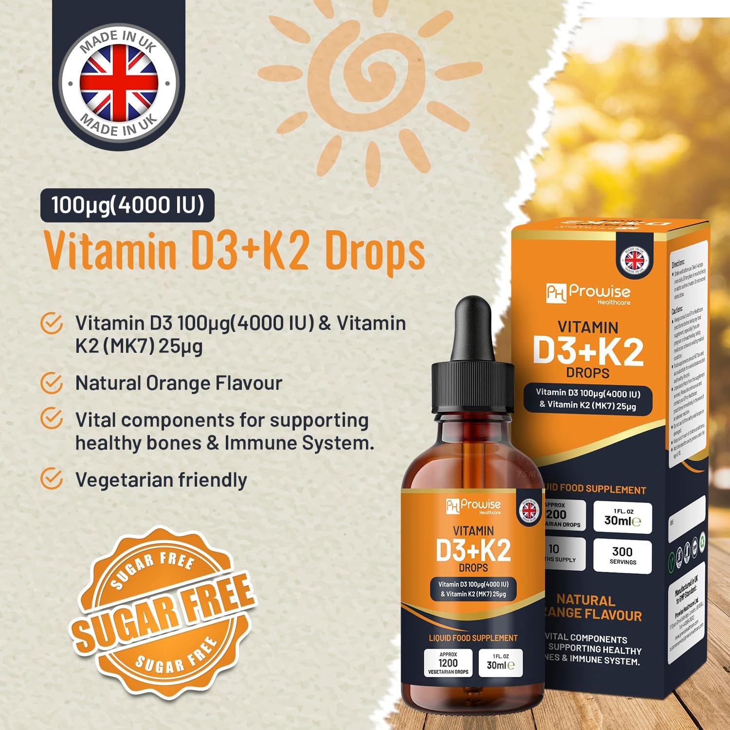 Vitamin D3 4000iu + K2 MK7 25µg I Orange Liquid Drops I High Strength 4000iu D3 + 25µg K2-30ml Bottle I Fast Absorption I 1200 Vegetarian Drops - Made in UK by Prowise Healthcare