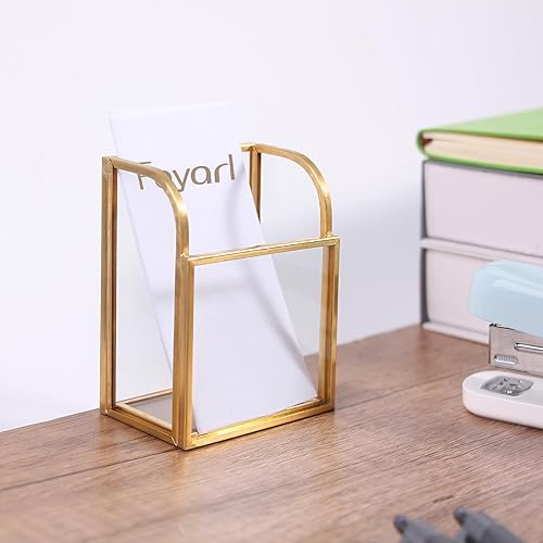 Miniatura 4 de Feyarl Soporte para tarjetas de visita de cristal dorado, pantalla vertical para tarjetas de visita transparente, organizador de tarjetas de nombre