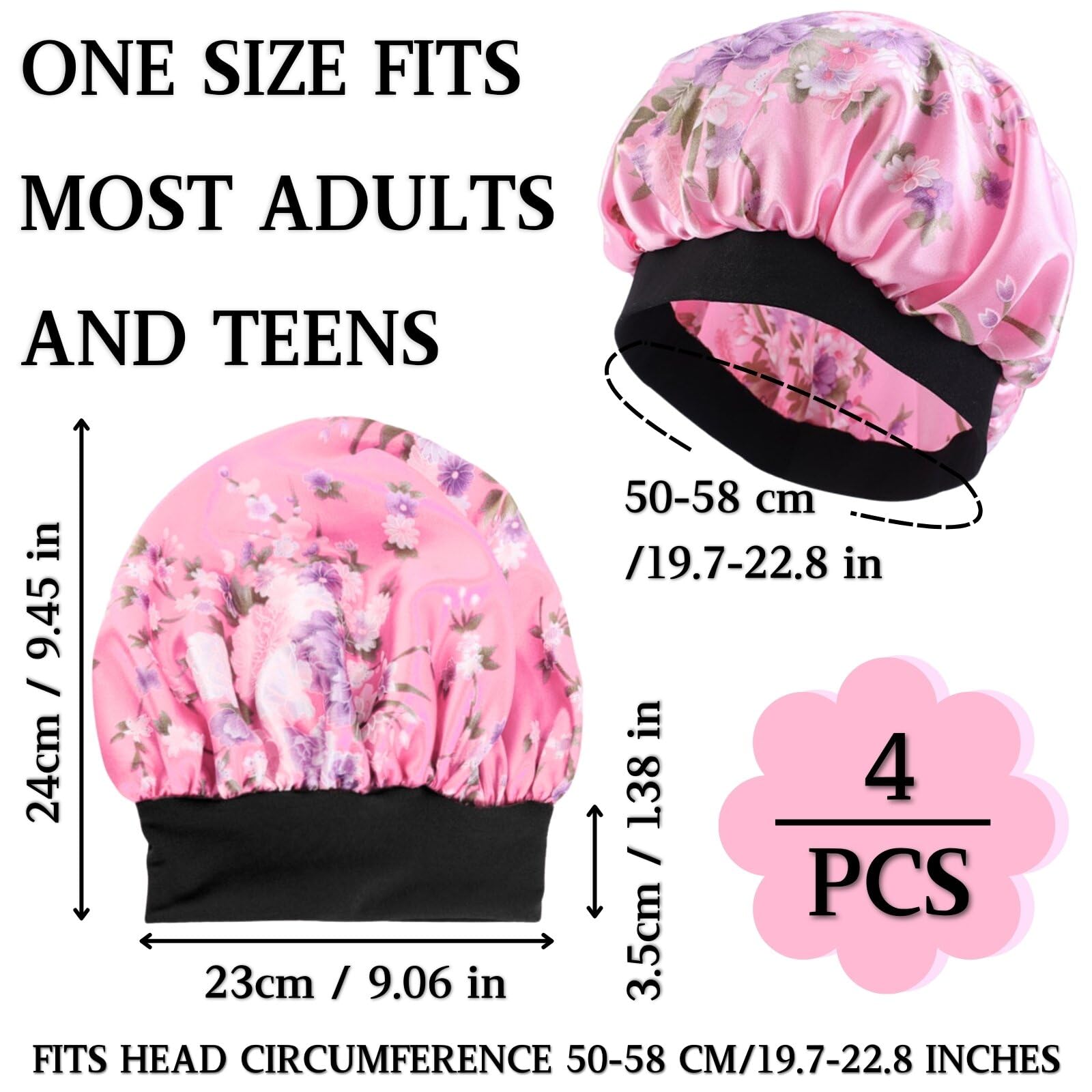 KEYRI 4 Pcs Soft Adjustable Satin Silk Bonnet Hair Wrap for Night Sleeping Hair Care Cap Head Cover Wide Elastic Band Unique Flower Design Curly Hair Protection - Image 2