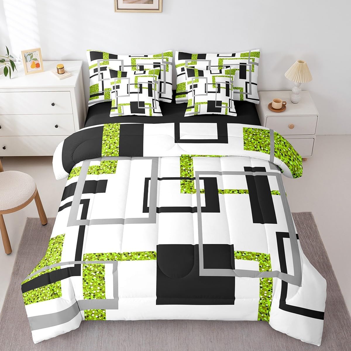 Erosebridal Black White Striped 7 Pcs Comforter Set Full,Lime Green Square Bed in A Bag,Geometric Bedding Sets,Modern Abstract Art Reversible Bed Sets with Sheet Set Bedroom Decor