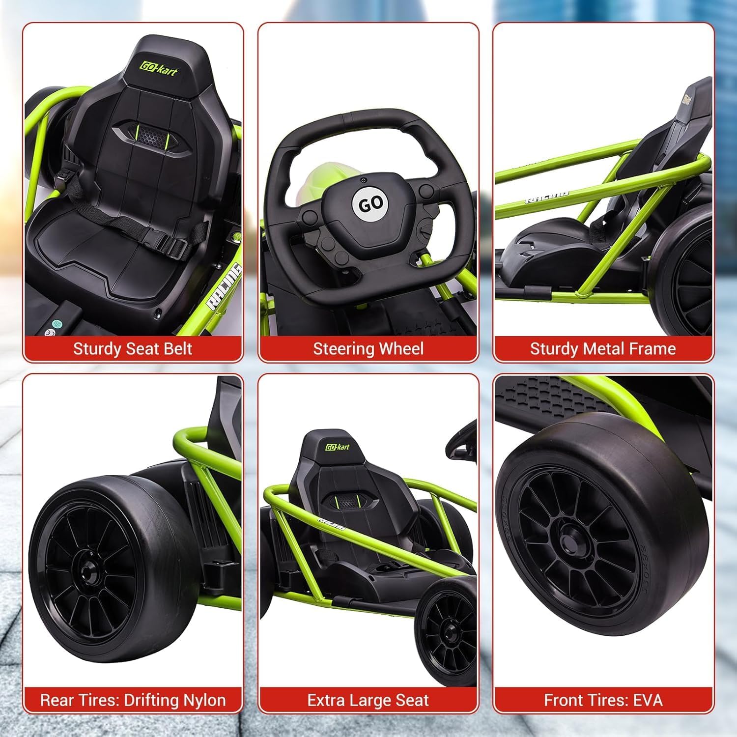 Wysokowydajny drift kart dla dzieci w wieku 8-12 lat: silniki 24 V 2 x 300 W, funkcja muzyczna, miękki start, pojemne siedzenie, pas bezpieczeństwa, wytrzymały pojazd elektryczny do ext