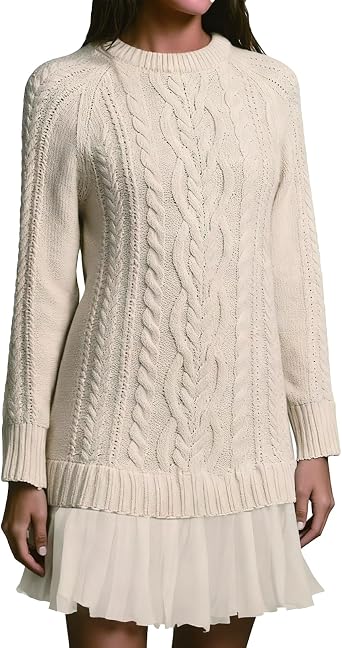 Womens Cable Knit Sweater Dress, Long Sleeve Crew Neck Mini Dress, Patchwork Twofer Knit Pullover