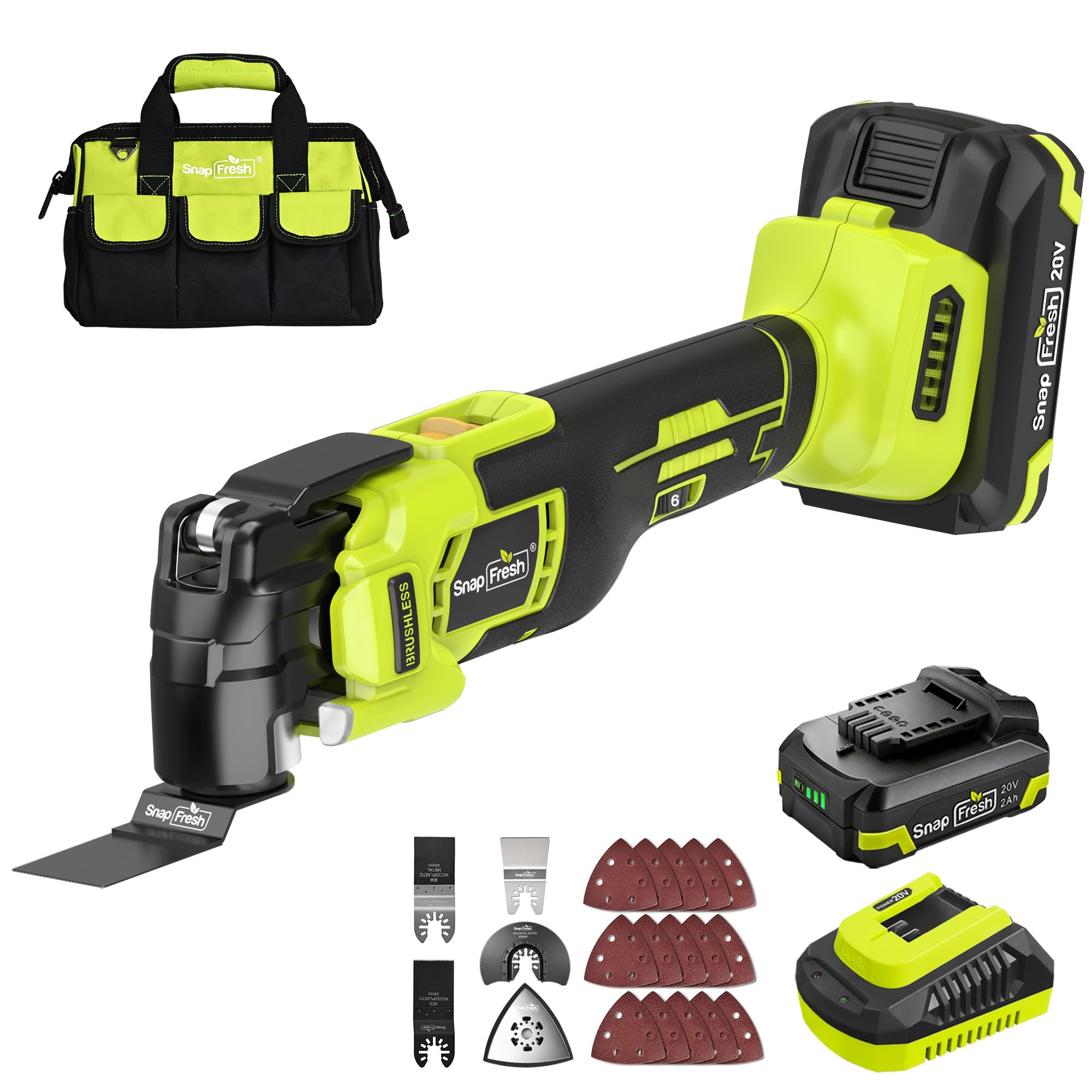 SnapFresh Herramienta Multifunción Oscilante 20V Sin Cable y Sin Escobillas, Tecnología Antivibración VibeNeutral, 6 Velocidades, Ángulo 4°, Batería 2,0 Ah, Cargador Rápido y Bolsa