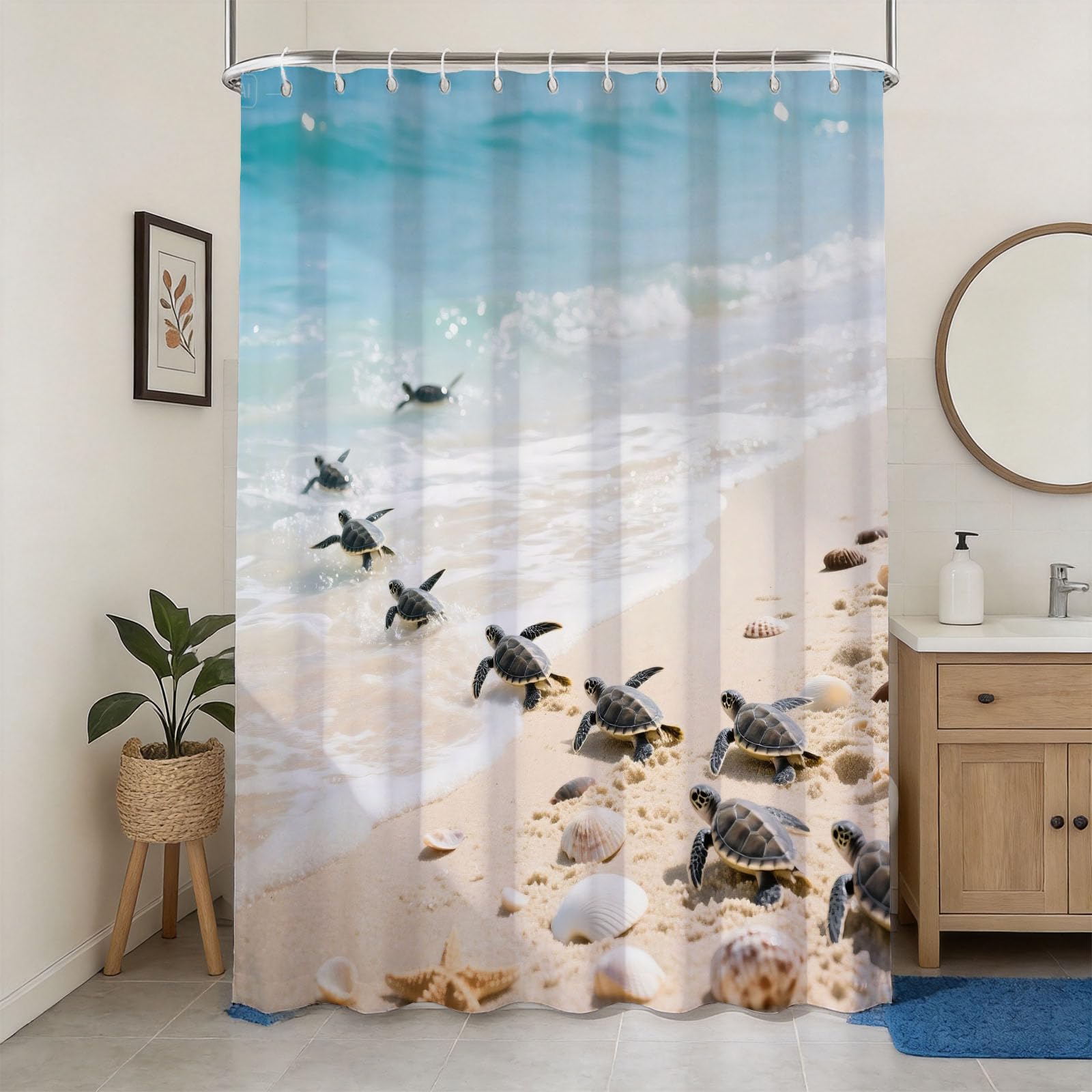 Hongduo 3D Beach Turtle Shower Curtain for Stalls Bathtubs Tropical Beach Bathroom Decor Shower Curtain Set Polyester Fabric Waterproof 180x200cm/71X79 Inch with Hooks