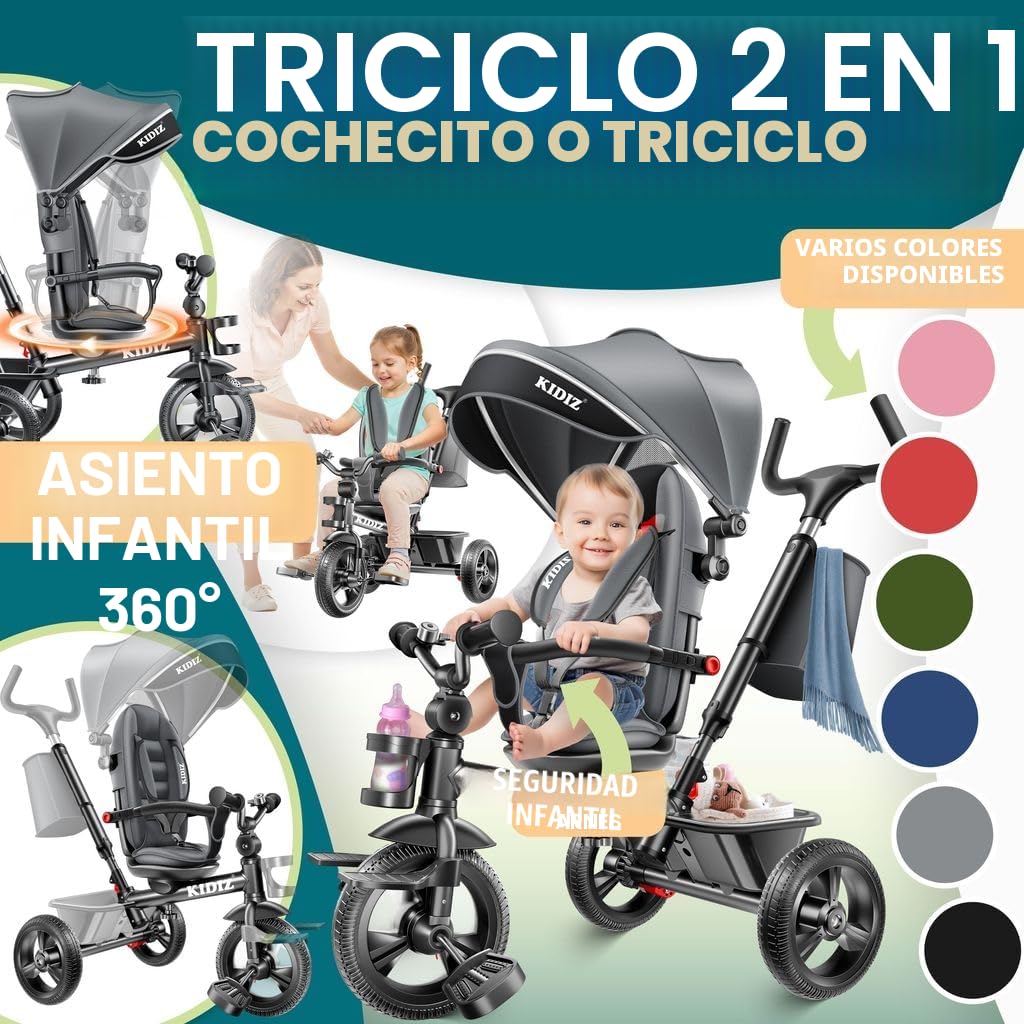KIDIZ® Triciclo 5 en 1 para niños con barra de empuje sistema de dirección, barra para niños de 1 año, funciona en ambos sentidos: adelante e inverso, bolsa, cesta, soporte de la bebida