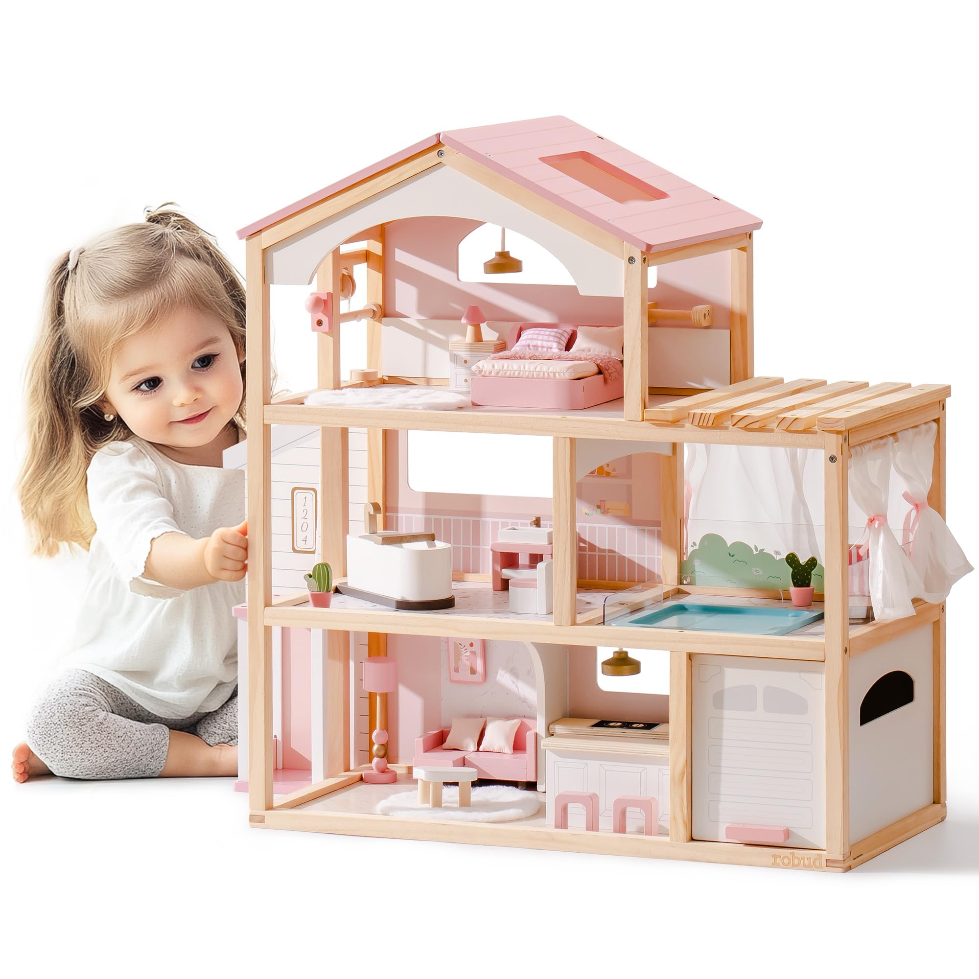 ROBUD Puppenhaus aus Holz,Puppen-Villa mit Möbel,Mit Aufzug, Garage, Pavillon und Schwimmbad,Geschenk für Kinder ab 3, 4, 5, 6 Jahren und älter,Rosa
