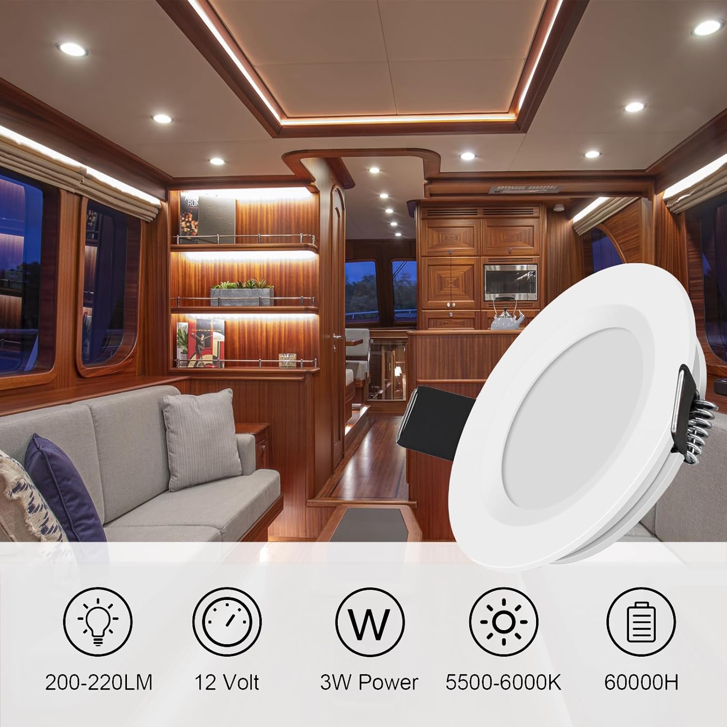 RVZONE RV Boat Recessed Ceiling Light 6 Pack 12V LED Puck Light with Hole Puncher DC 12V 3W Full Aluminum Downlights for Under Cabinet Camper Vans RV Interior Lighting,5500-6000k