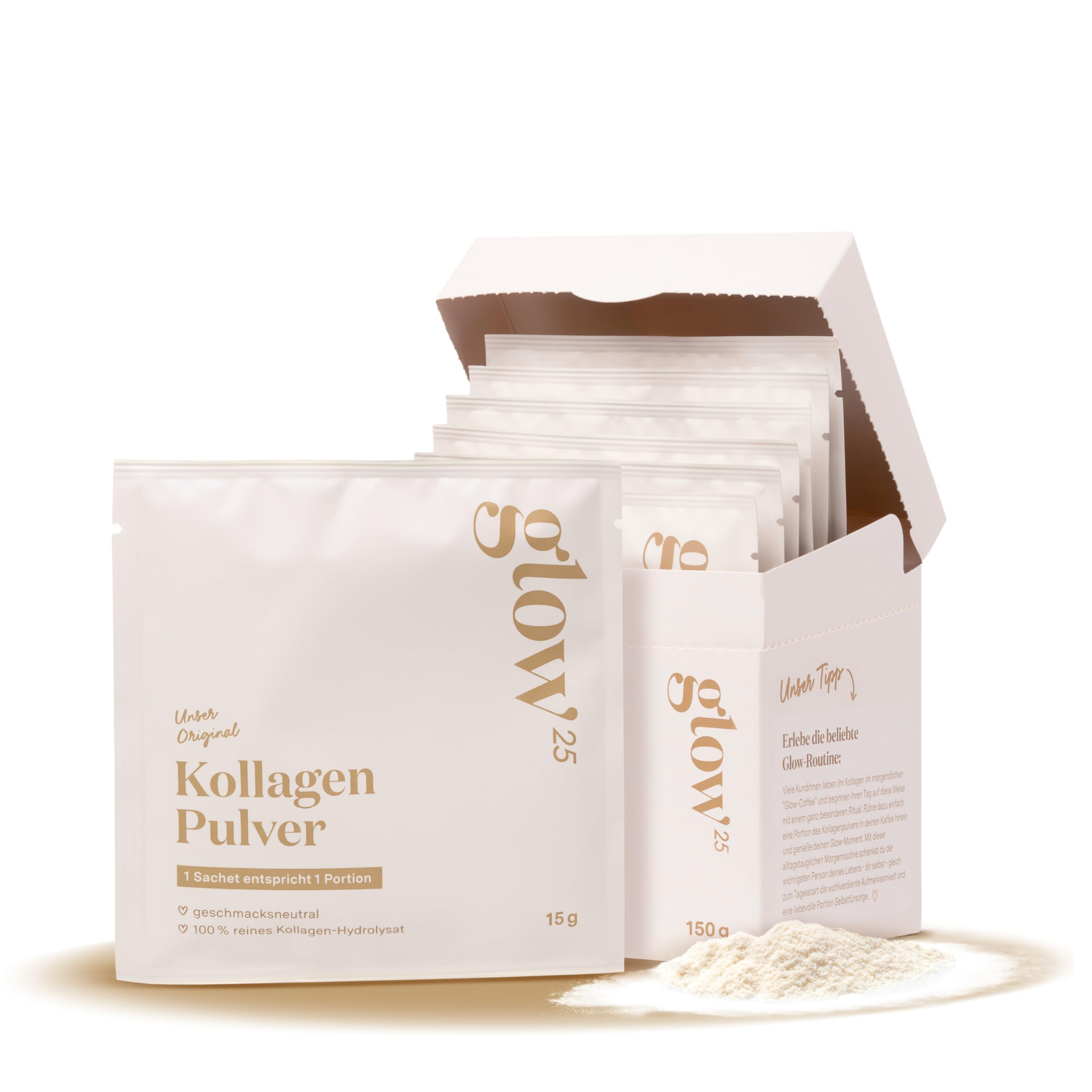 Glow25® Collagen Sachets [10 Stück] - Unser Original - Kollagen Hydrolysat - Peptide Typ 1 und 3 - Gute Löslichkeit