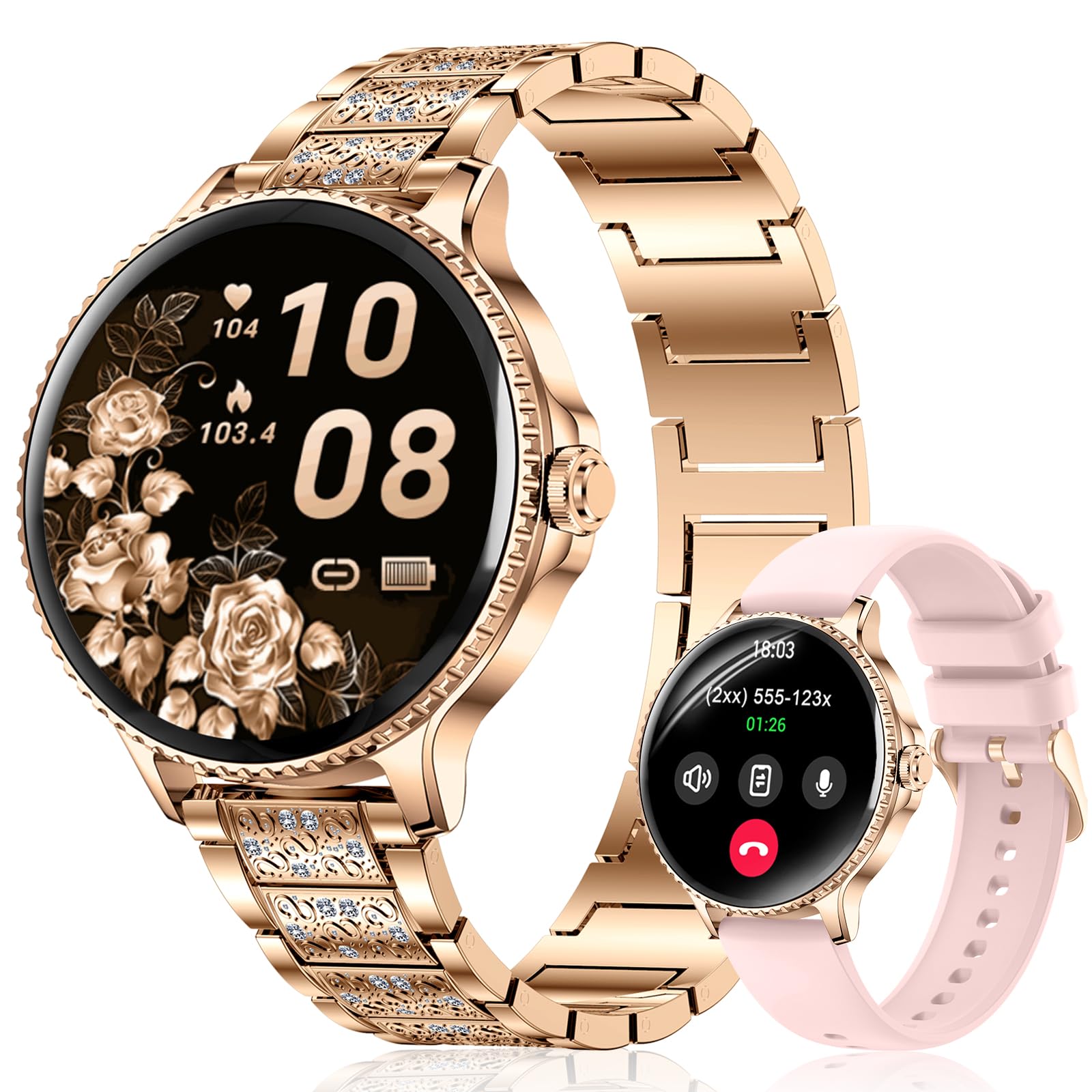 Reloj Inteligente Mujer 1,27" Smartwatch Redondo con Llamadas Bluetooth, Frecuencia Cardíaca SpO2 Sueño, 120+ Modos Deportivos, IP68 Resistente al Agua, 2 Correas, Compatible con Android iOS, Oro Rosa