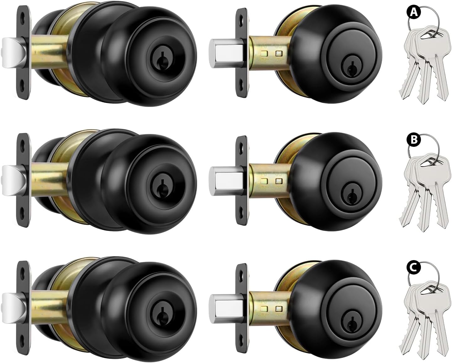 Goldenwarm 3 Pack Entry Door Locksets with Deadbolt, Keyed Unlike, Matte Black Exterior Door Knobs with Single Cylinder Deadbolt, Stainless Steel Front Door Handle Sets for Rental Properties & Offices