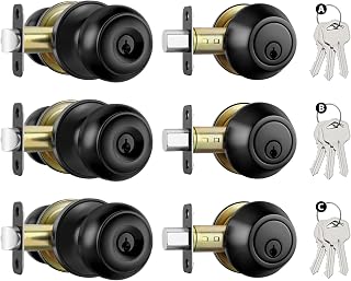 Goldenwarm 3 Pack Entry Door Locksets with Deadbolt, Keyed Unlike, Matte Black Exterior Door Knobs with Single Cylinder Deadbolt, Stainless Steel Front Door Handle Sets for Rental Properties & Offices