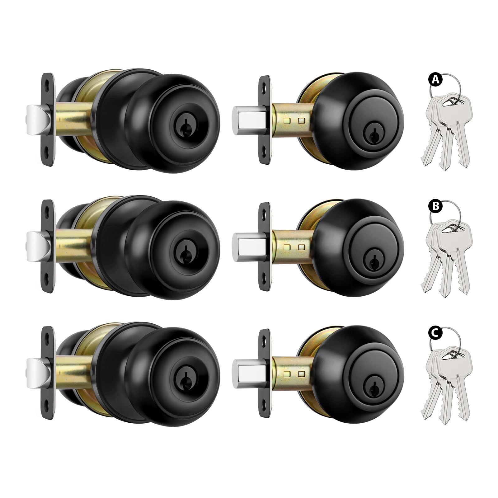 Goldenwarm Matte Black Exterior Door Lock Set with Deadbolt, Front Door Lock Set, Single Cylinder Deadbolt Lock and Door Knob Set, Keyed Different Door Knob with Lock&Keys(3 Pack)