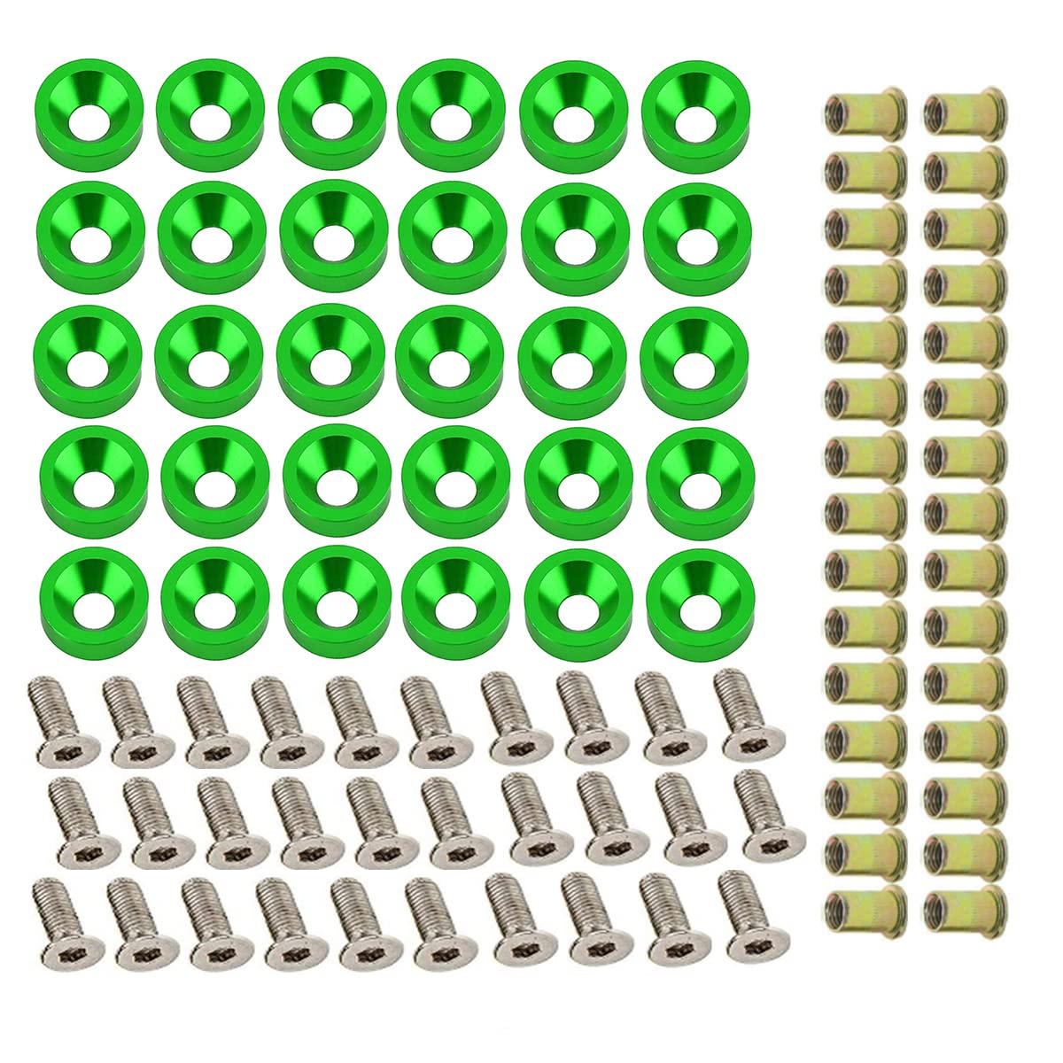 30 PCS CNC Billet Aluminum Washers Stainless Steel Bolts Carbon Steel Rivet Nuts for Bumper Fender Engine Bay Body Decoration Dress Up Kit (Green)