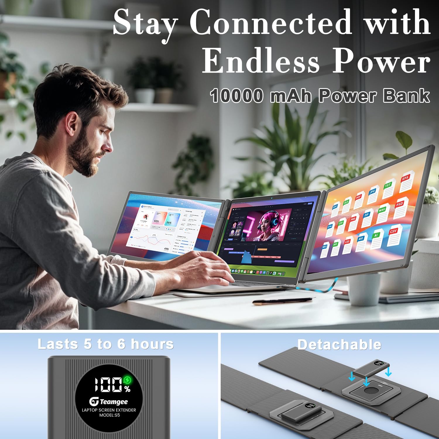 Image showing the Teamgee S5 Pro with its integrated 10000mAh power bank, highlighting its detachability and long-lasting power.