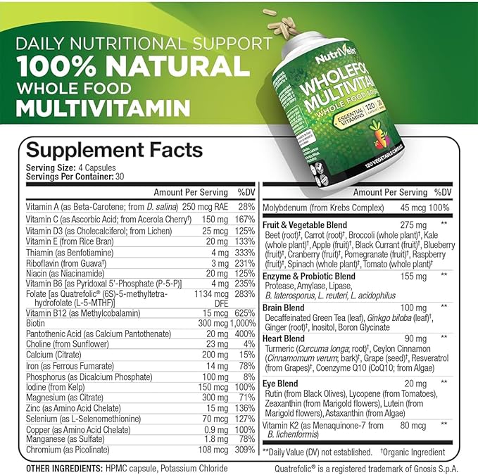 Nutrivein Whole Food Multivitamin for Men & Women – 120 Capsules – Daily Energy, Immune & Heart Support – Raw Fruit & Veggie Blend + B Vitamins