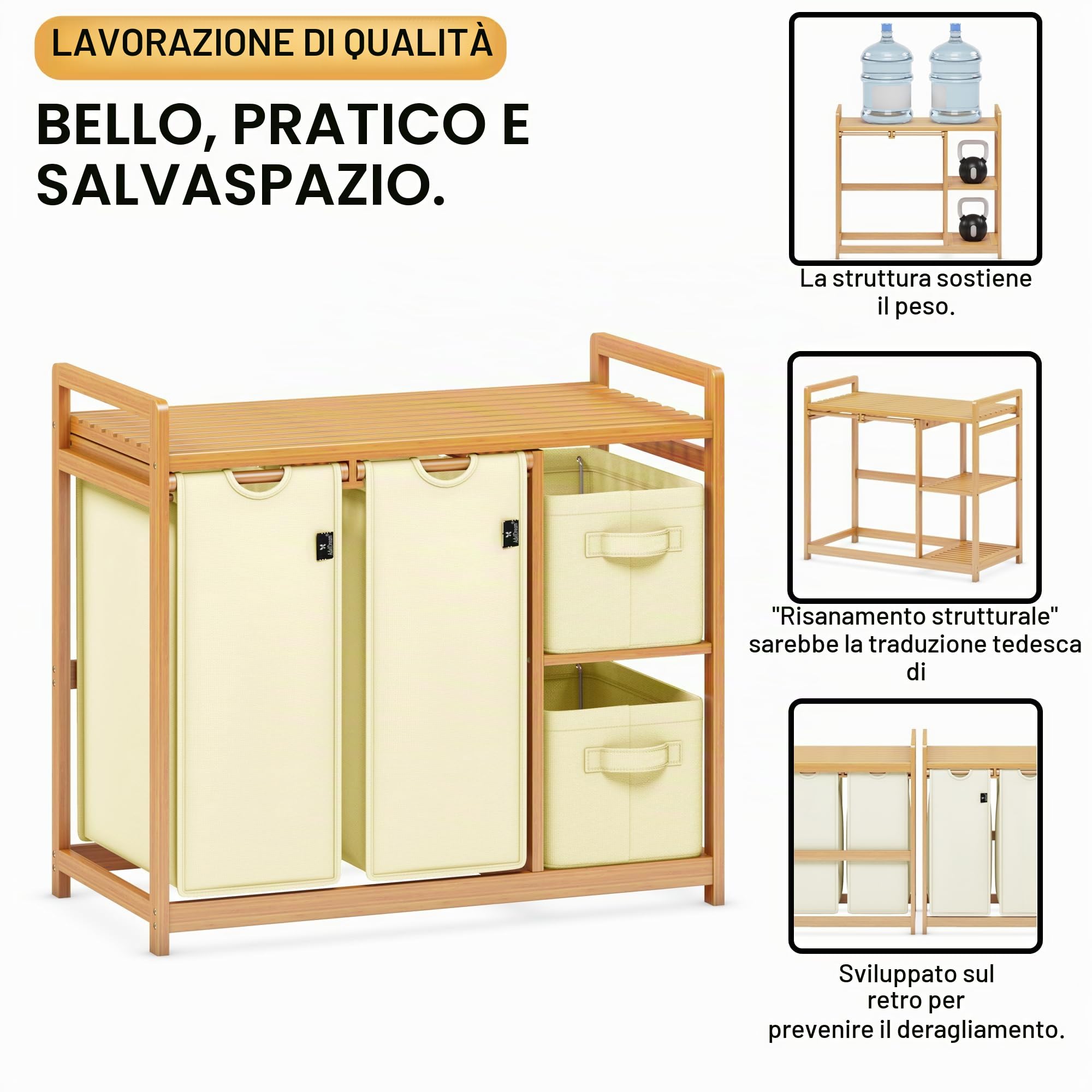 AdelDream B0FCXLP1 - Cesto portabiancheria a 4 scomparti, 140 l, con cestino, con 2 sacchetti per la biancheria e 2 scatole di stoffa con ripiano, in bambù, per la biancheria, colore: Beige