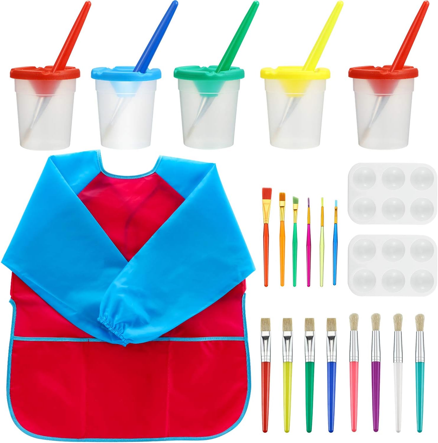 meekoo22 Packs Kid's Paint Supply, No Spill Paint Cups with Colored Lids, Kid Large Paint Brush with Flat and Round Tips, Tool Brushes, Kids Art Waterproof Smocks and Paint Palettes