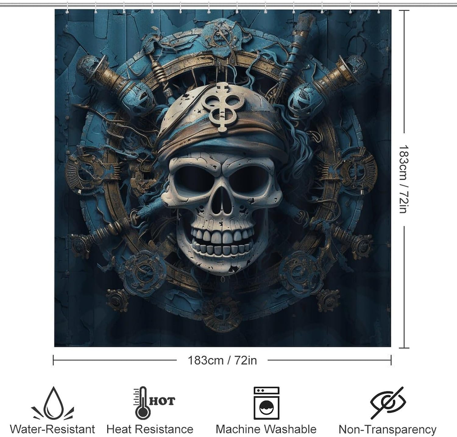 Skeleton Pirate Shower Curtain Set 4 Piece, Non-Slip Bath Mat with Toilet Lid Cover and Waterproof Shower Curtain with 12 Hooks, Complete Bathroom Set for Home Decor