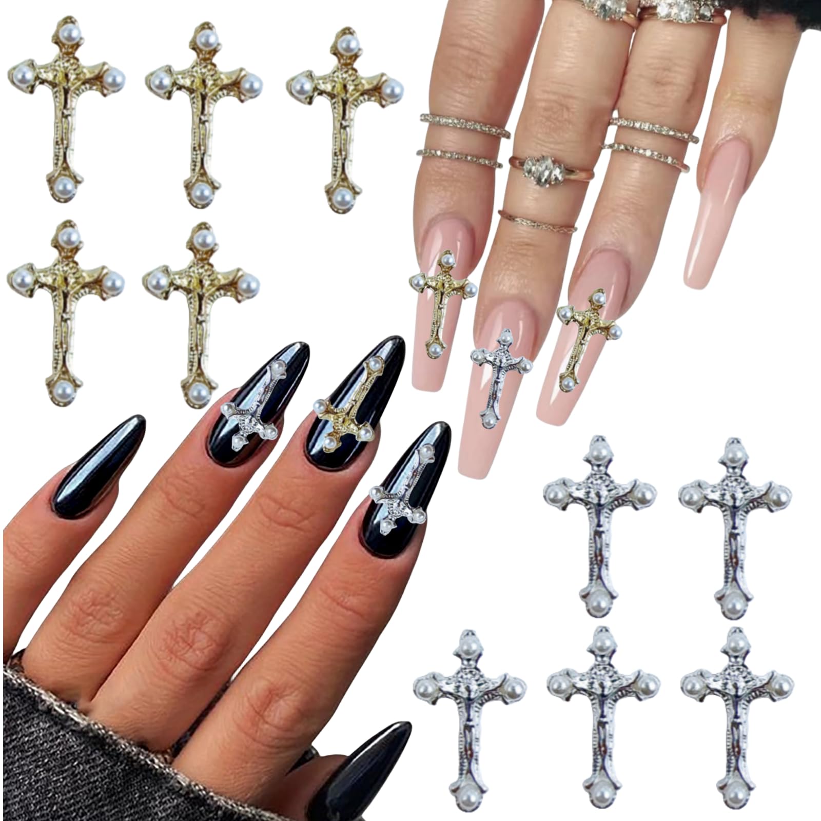 16 Pcs 3D Alloy Cross Luxury Nail Charms,Pearl Alloy Crystal Rhinestones Nail Decor for Acrylic Nail Art DIY Nail Designs(2 Styles)