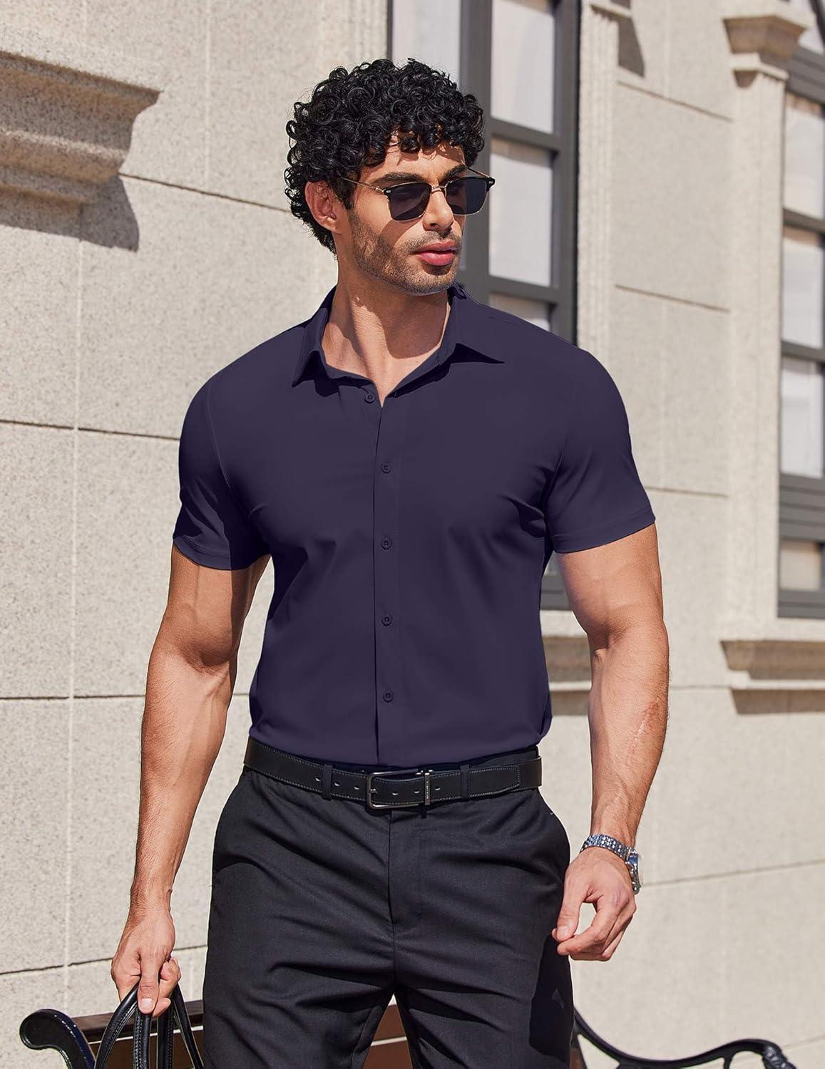 COOFANDY Mens Muscle Fit Dress Shirts Stretch Wrinkle Free Short Sleeve Button Down Shirt Casual Solid Untucked Shirt - Image 2