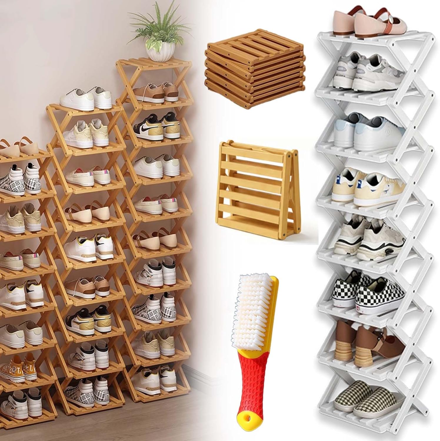 9 Tier Bamboo Shoe Rack, Collapsible Shoe Rack, The 9-Tier No-Assembly Bamboo Rack, Space-Saving Vertical Extendable Storage Shelf for Entryways, Corners (White,9 Layers)