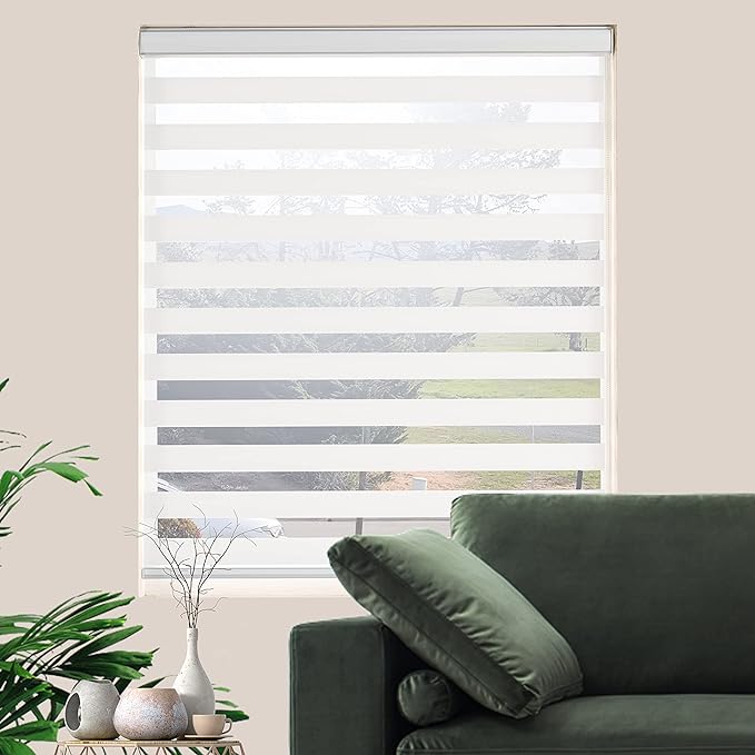 Zebra Blinds for Windows Dual Layer Light Filtering Privacy Free-Stop Sheer Shades Light Control for Indoor Windows Zebra Shades for Living Room(55" W X 72" H, White)