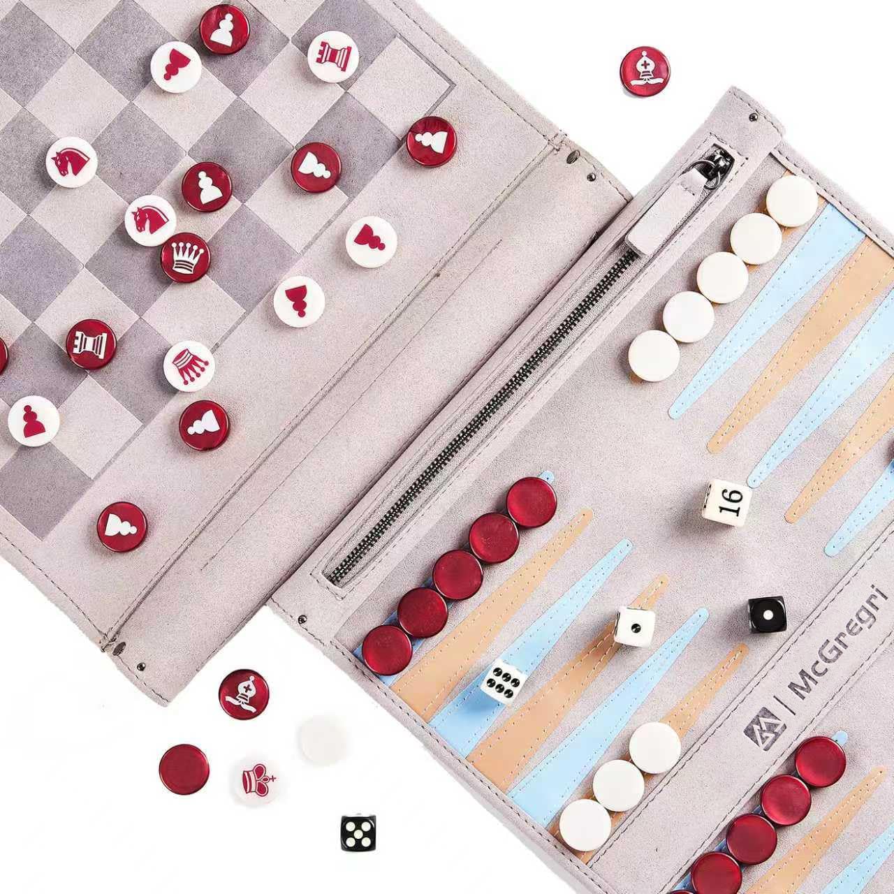 Travel Chess, Backgammon & Checkers Set, 3 in 1 Folding Roll Up Travel Board Game, Portable Travel Backgammon for Adult (Dark Brown)