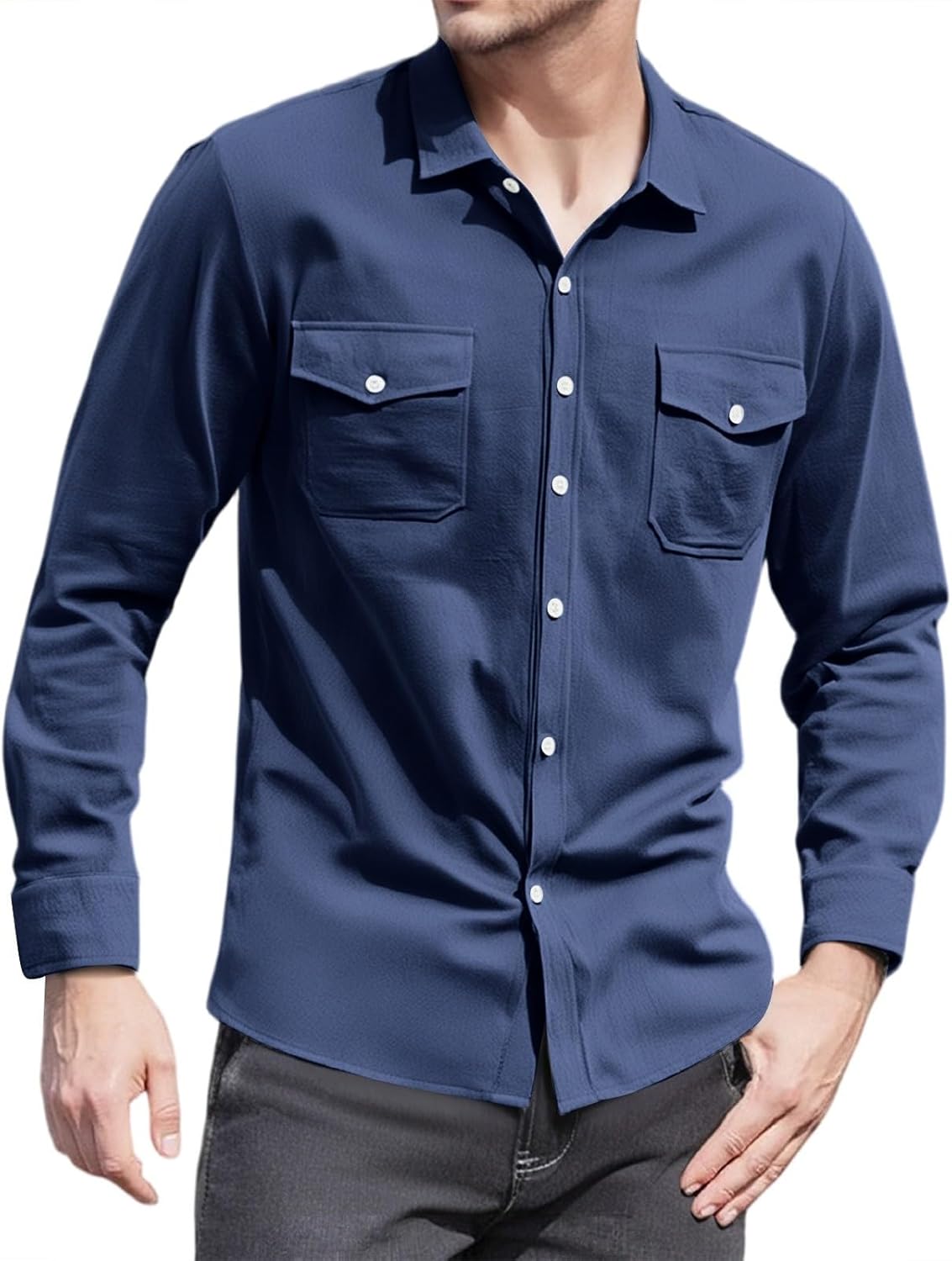 Ymosrh Men's Button Down Long Sleeve Regular Fit Cargo Work Dress Shirts with Pockets, S-3XL