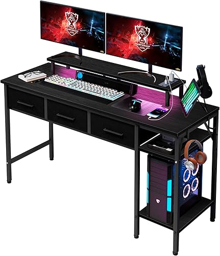 Miniatura 1 de 55-inch Computer Desk with 3 Drawers, Gaming Desk with LED Lights & Power Outlets, Writing and Learning Desk with Long Monitor Stand, Gaming Desk