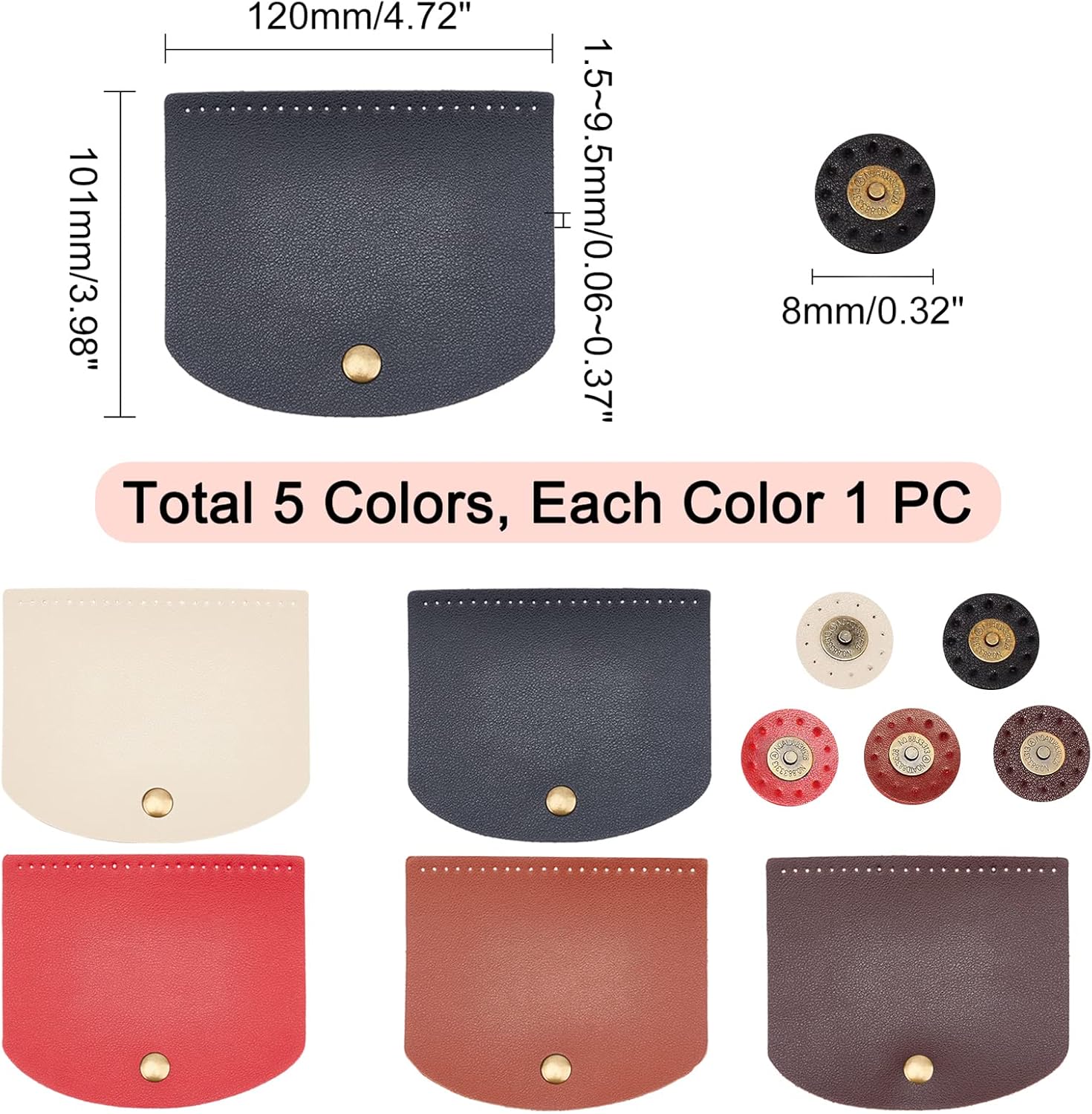 PH PandaHall Bag Flip Cover, 5 Colors 4.7 x 4 Inch Rectangle Imitation Leather Bag Cover Sew on Faux Leather Tab Closure with Alloy Buckle for DIY Handbag Purse Shoulder Bag Making Supplies, 5Pcs/Set