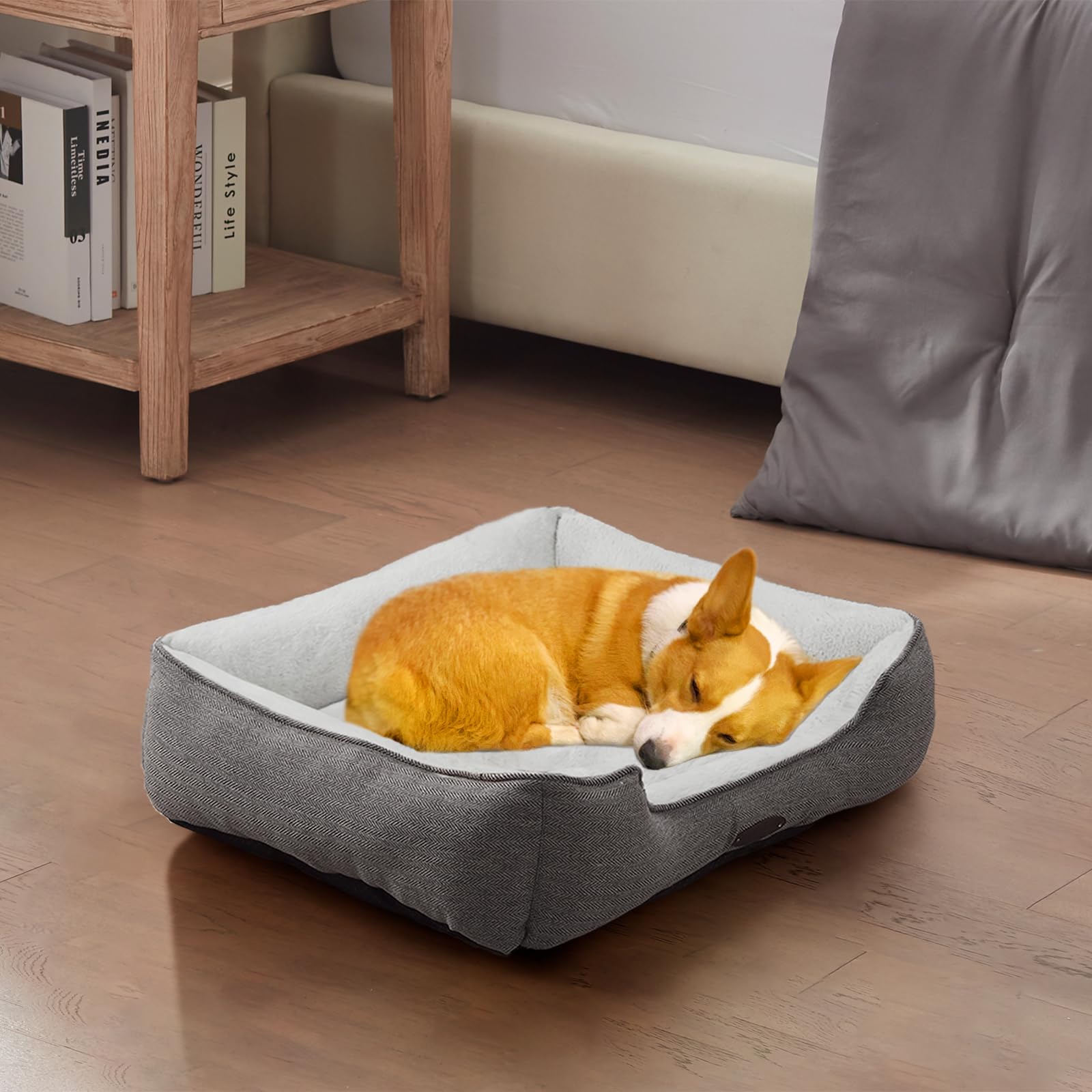 Hundebett für mittelgroße Hunde, Katzenbett, beruhigendes Hundebett, bequem, langlebig, mit wendbarem und waschbarem Kissen, Grau (M, Grau)