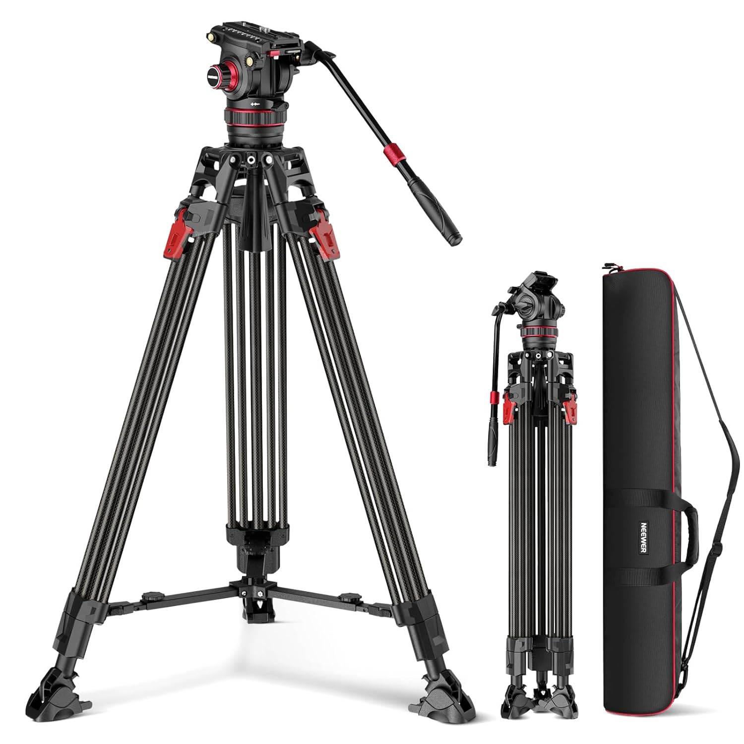 NEEWER 78 Video Camera Tripod Carbon Fiber with Damping Adjustable Fluid Head One Step Quick Release with QR