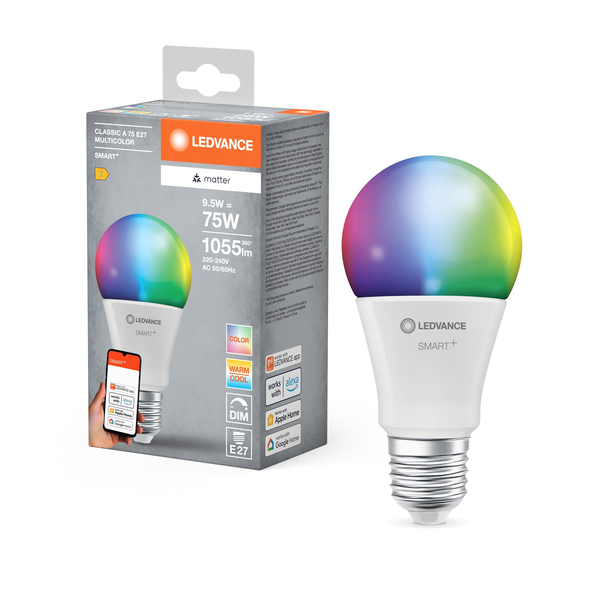 LEDVANCE LEDVANCE SMART+ MATTER LED-Lampe, kompatibel mit Google, Alexa, Apple, weiße Frost-Optik, 9,5W, 1055lm, E27, Farblicht, Weißlicht, App- oder Sprachsteuerung, bis zu 20.000 Std.Lebensdauer, single pack