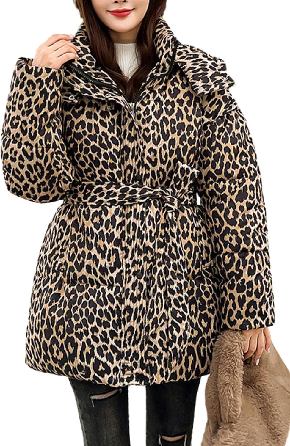 utcoco Womens 2024 Fashion Leopard Belted Padded Puffer Coat Winter Warm Quilted Jackets Parka with Removable Hood