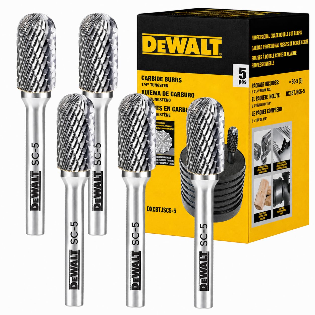 5 Pack DEWALT Tungsten Carbide Burr Size SC-5 with 1/4" Shank for Tough Metalworking (DXCBTJSC5-5)