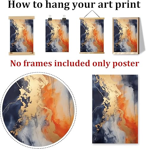 Miniatura 6 de Jinboonees Imágenes azules y grises doradas, naranja, azul, arte abstracto de color naranja y gris, lienzo de pared azul y naranja, 16 x 24