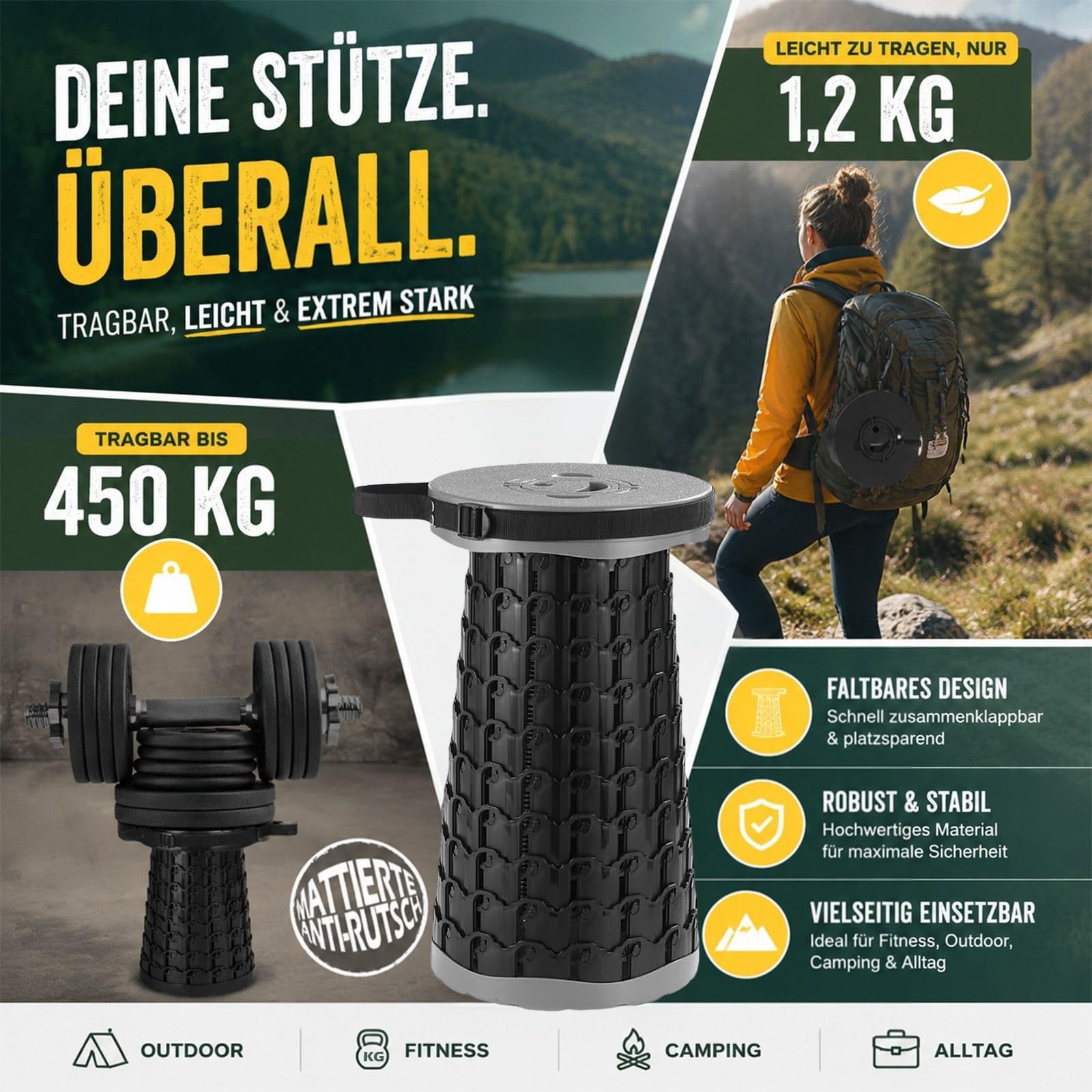 COOLYNX Tragbarer Mini Teleskop-Klapphocker, Verbesserter Dickerer Zusammenklappbarer Hocker, 450 kg belastbar Lightweight Folding Stool, Ideal für Camping, Angeln, Wandern, Grillen
