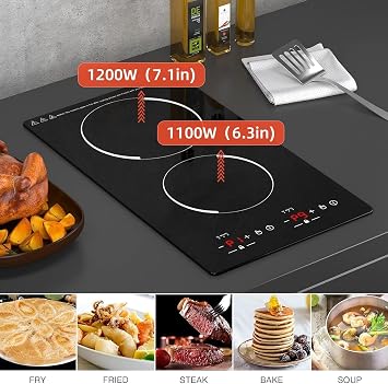 12 Induction Cooktop, Double Induction Cooktop 2 Burner 110v-120v Electric Stove Top, Countertop and Built-in, 9 Power Levels, Child Lock, 120 Mins Timer