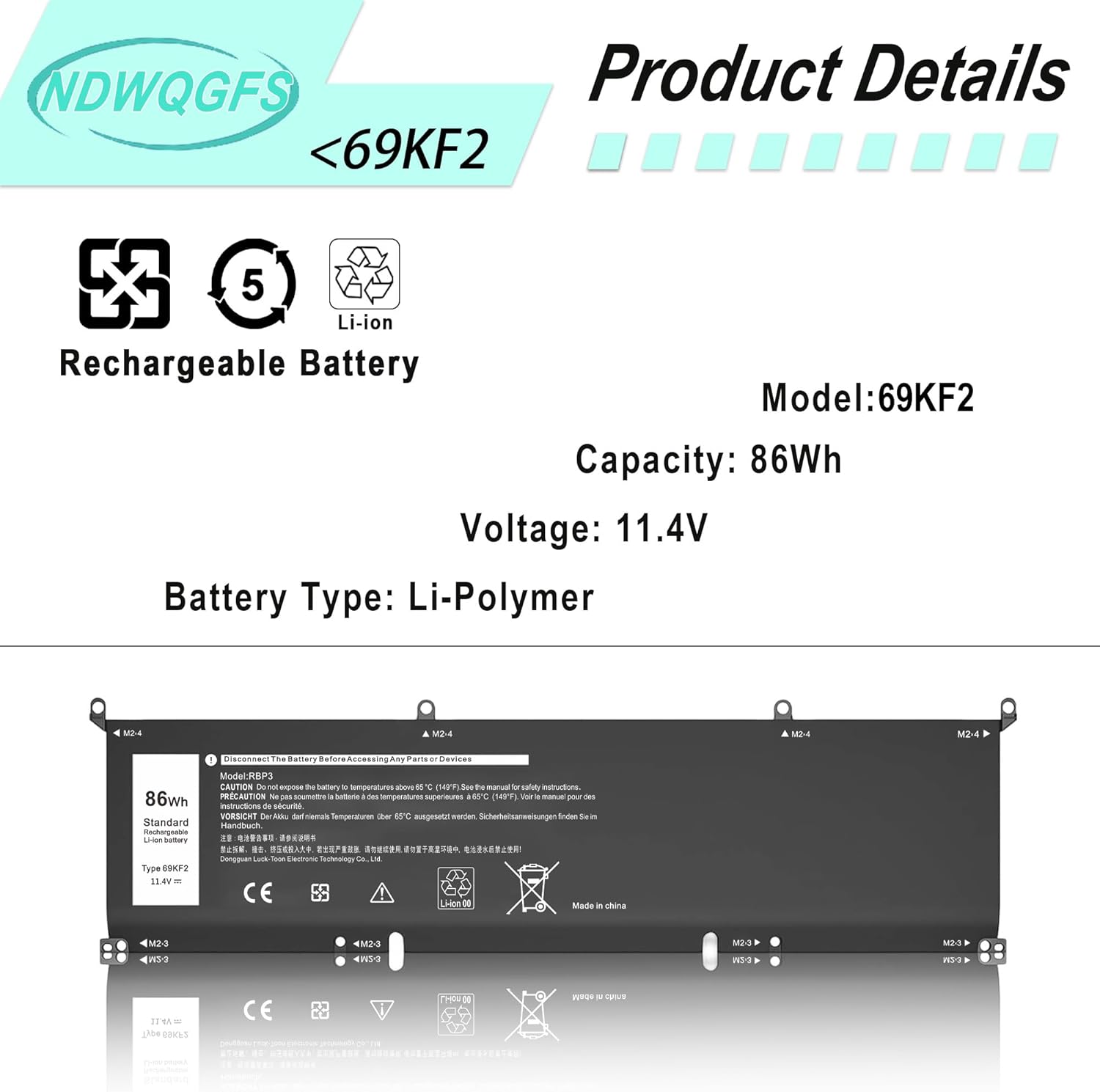 69KF2 86Wh Battery Replacement for Dell XPS 15 9510 9500 9520 Precision 5550 5560 5570 G15 5511 5520 Alienware M15 M17 R3 R4 | 11.4V 6-Cell Replacement