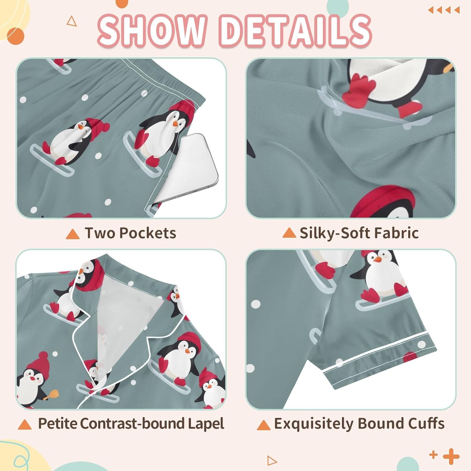 Kids Satin Wear Set Skiing Penguin Pattern Relaxed Fit Clothing Short Sleeve and Shorts