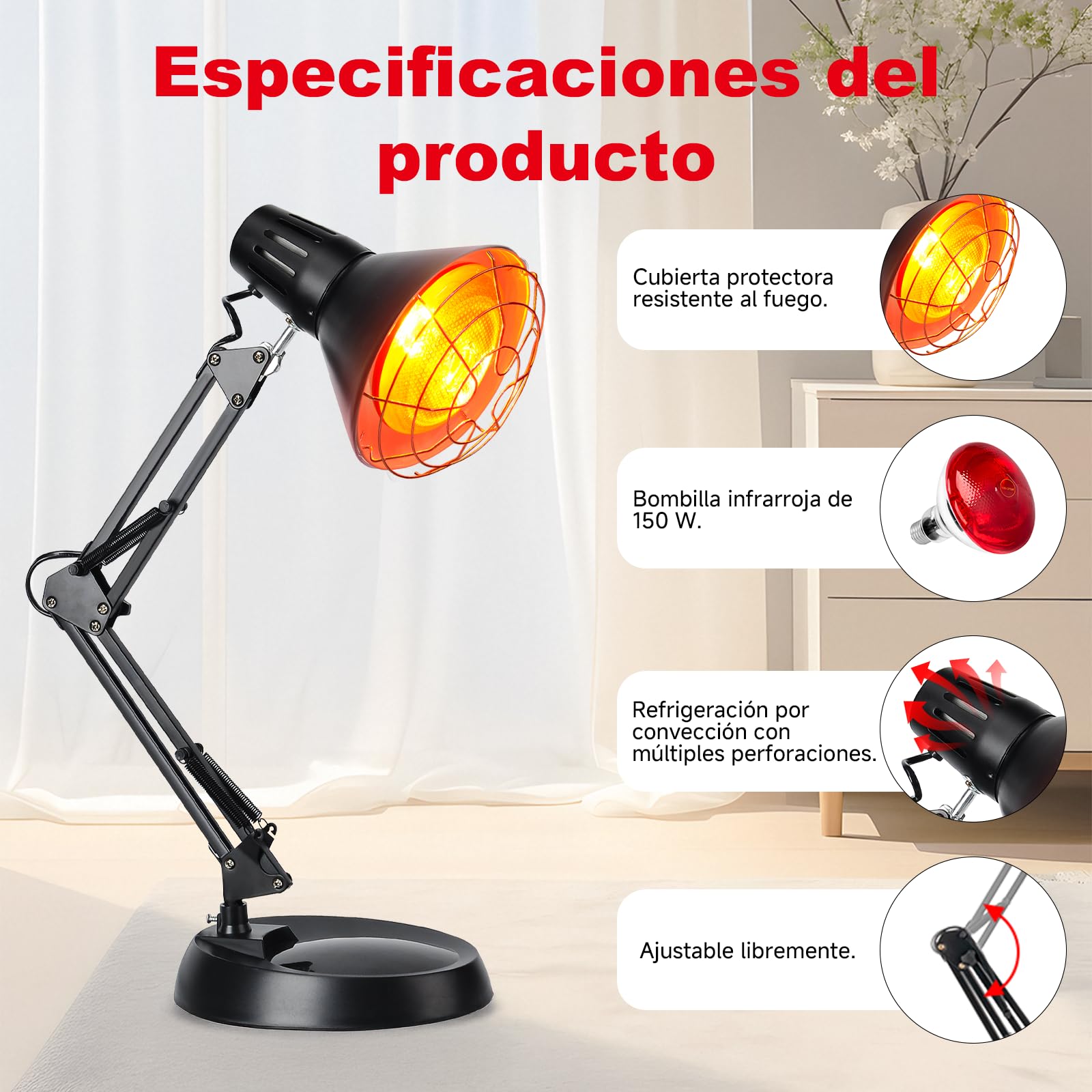 Cozion Lámpara de In frarrojos 150w, Lámpara de Luz Roja de Luz In-frarroja para El Dolor, Lámpara de Calor In-frarroja para Uso Doméstico (Negro)