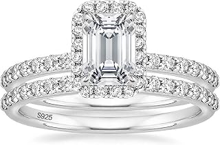 EAMTI 2CT Emerald Cut CZ 925 Sterling Silver Bridal Ring Sets - Vintage Engagement Promise Wedding Bands Women Sizes 3-12